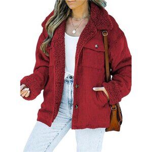 Women's Corduroy Sherpa Jacket Button Down Fleece Fur Collar Winter Coat